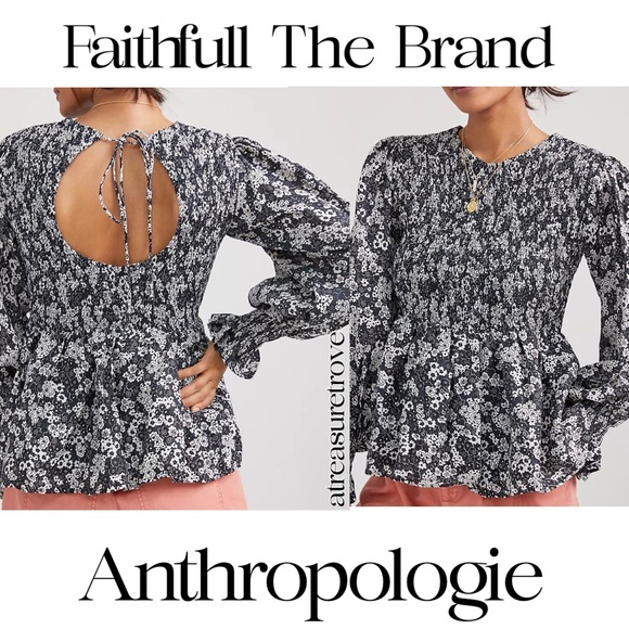 Faithfull The Brand x Anthropologie Biela Smocked Linen 8/M Black Floral Ruffled - Picture 6 of 7